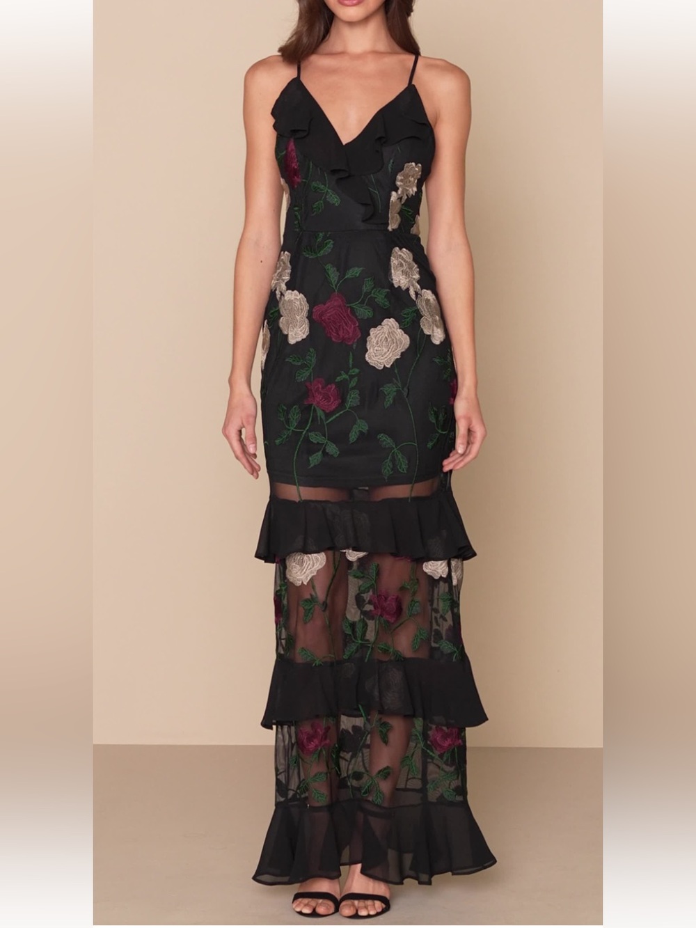 Lulu's True to Heart Black Floral Embroidered Maxi Dress Sz M